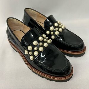 Stuart Weitzman Black Patent Loafers Slip On Pearl Embellished Size 4